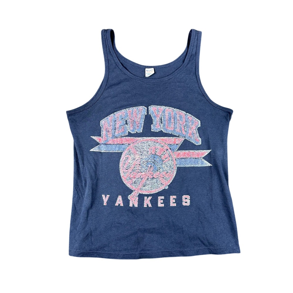 Vintage Champion New York Yankees Tank Top Navy Blue Distressed Made in USA Med